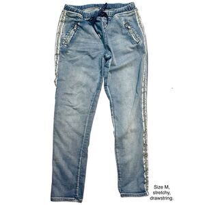 Womens Skinny Jeans Adjustable Waist Drawstring Size M Stretchy Embroidered Side